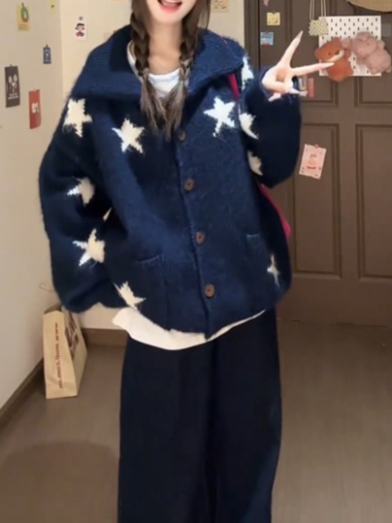 Women's Short-Length Star Cardigan - Belted Slim-Fit Winter Coat with Navy Blue & White Star Pattern, Short Jacket for Layering (No Padding) - Elegant Sweater Jacket for Fall\u002FWinter, Hand Wash\u002FDry Clean (Casual & Formal