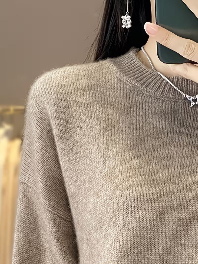 100% WOOL Women'S Elegant Sweater | Soft Long Sleeve Pullover with Round Neck, Neutral Tones, Button Details - Cozy Fall/Winter Sweater for Everyday & Formal Outfits