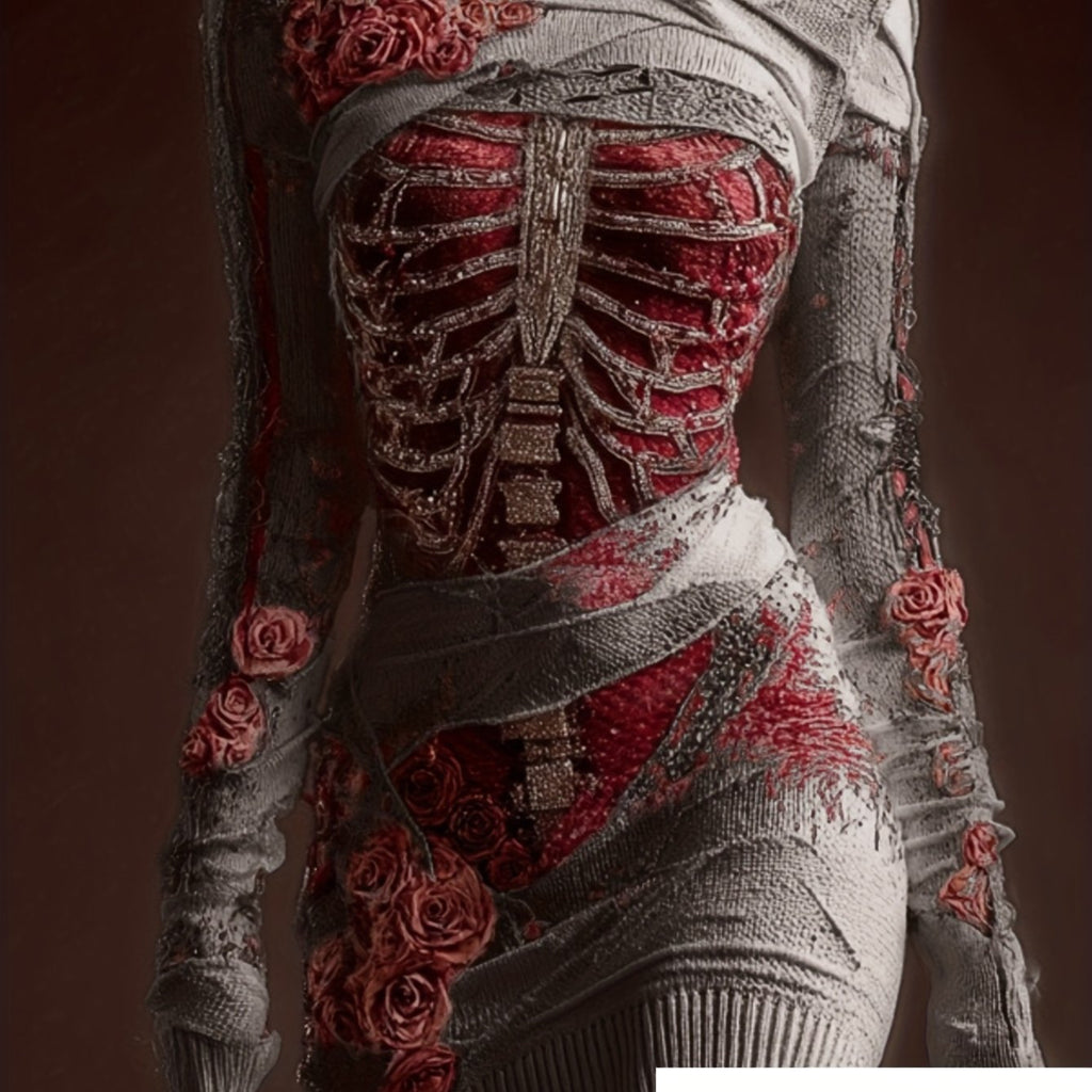 2D FLAT PATTERN 2025 Halloween Luminous Skull Bag Hip Skirt Ladies 3D Digital Printing Short-sleeved T-shirt Street Horror Theme Party Robe Daily All-match Slim Dres