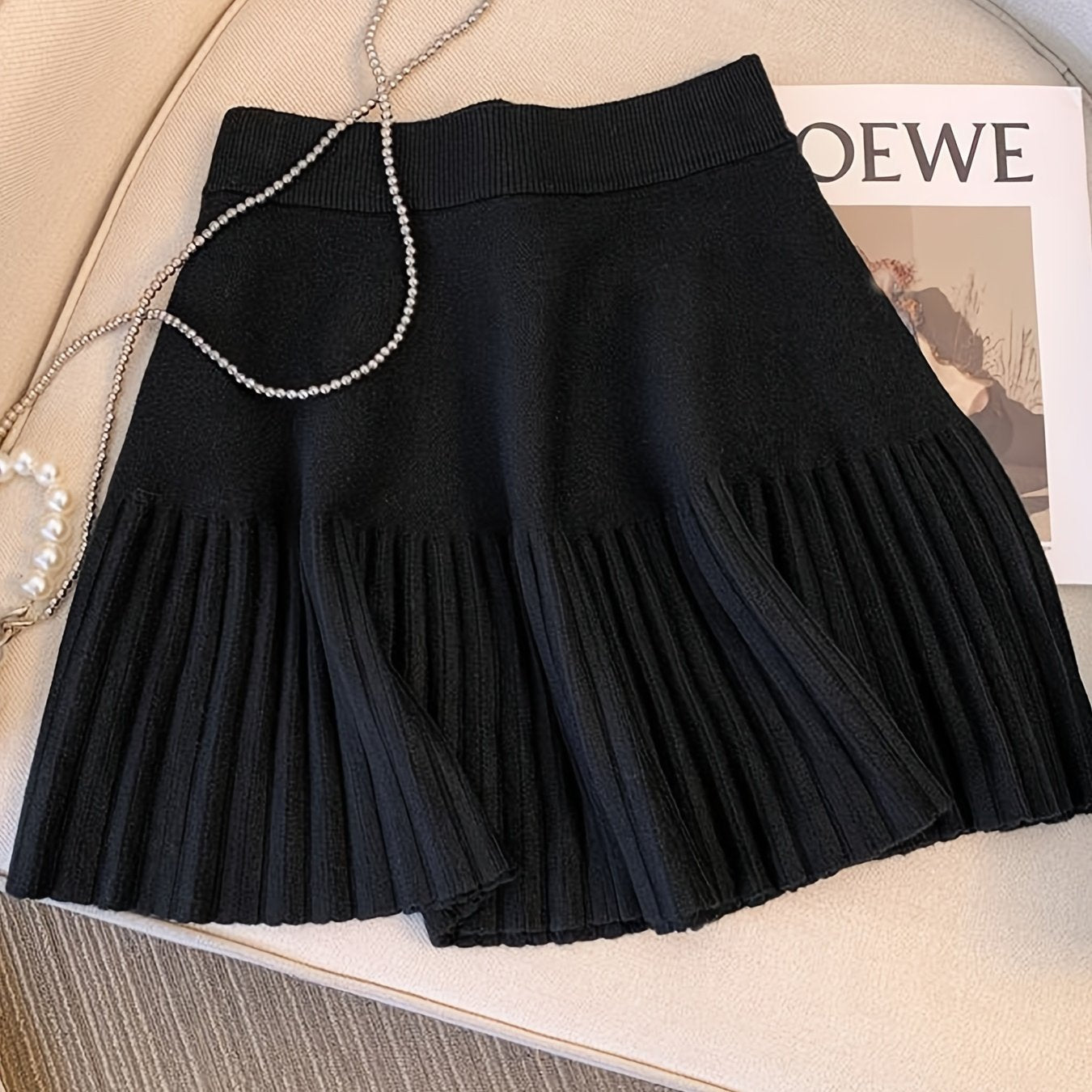 Women'S High-Waist Pleated Skirt - Cozy Black A-Line Mini Skirt for Fall & Winter, Casual Style with Fringe Detail, Perfect for Casual Attire, Cozy Clothing | Fringe Skirt | Construction, High Waisted Skirt