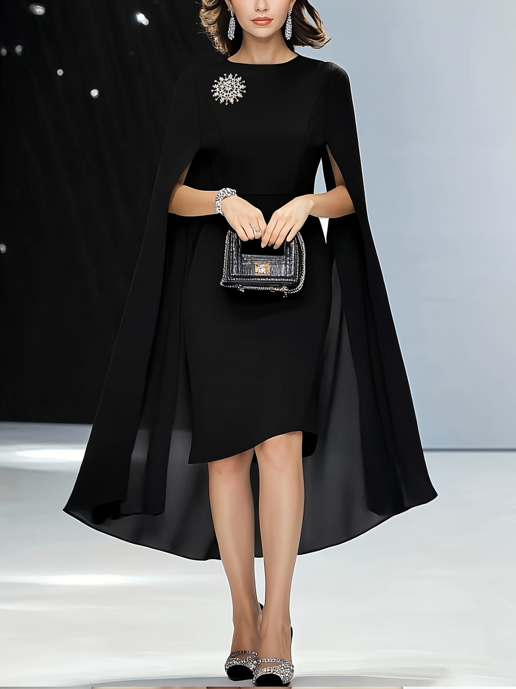 Women'S Elegant Solid Brown Dress with Puff Sleeves & Zipper Back - Round Neck, Flared Hem, All-Season Versatile Formal & Casual Outfits, Chic Office Attire, Comfortable Fabric