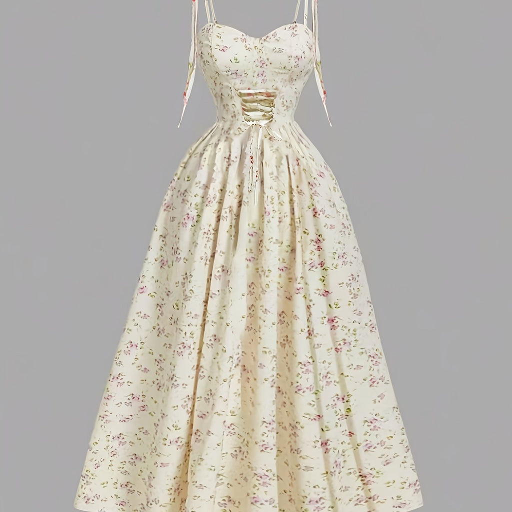 Women'S Elegant French Floral Print A-Line Maxi Dress with Spaghetti Strap & Waist Tie Belt - Pink & Floral Print Long Formal & Casual Evening Gown, Machine Washable For Parties, Office, Casual Attire - Spring\u002Ffall\u002Fsummer Seasonal Wear