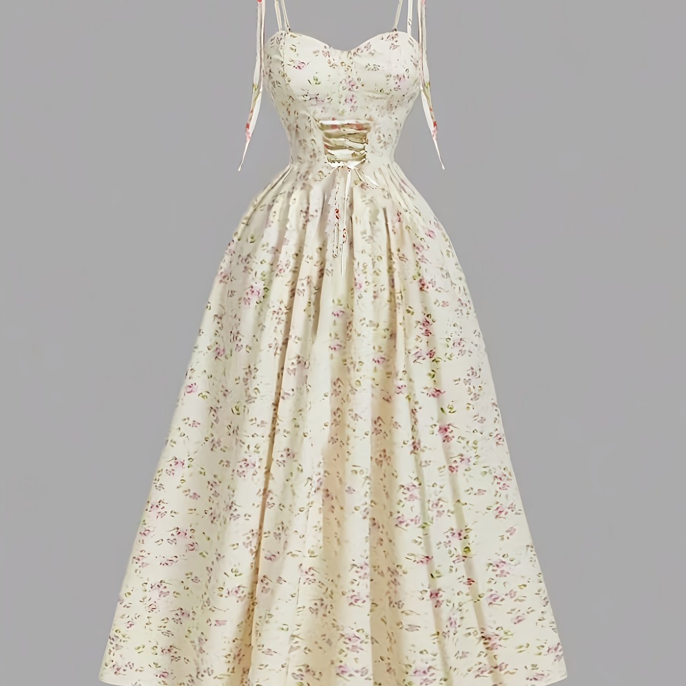 Women'S Elegant French Floral Print A-Line Maxi Dress with Spaghetti Strap & Waist Tie Belt - Pink & Floral Print Long Formal & Casual Evening Gown, Machine Washable For Parties, Office, Casual Attire - Spring\u002Ffall\u002Fsummer Seasonal Wear