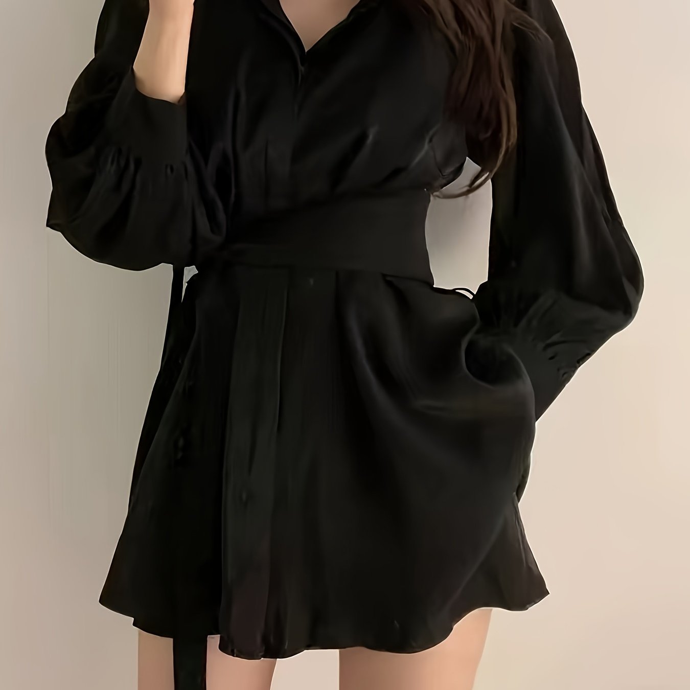 Temperament Waist Slim Blouse Spring And Autumn Design Sense Niche Balloon Sleeve Mid-length Shirt Dress Casual Big-name Versatile Comfortable Dress Set