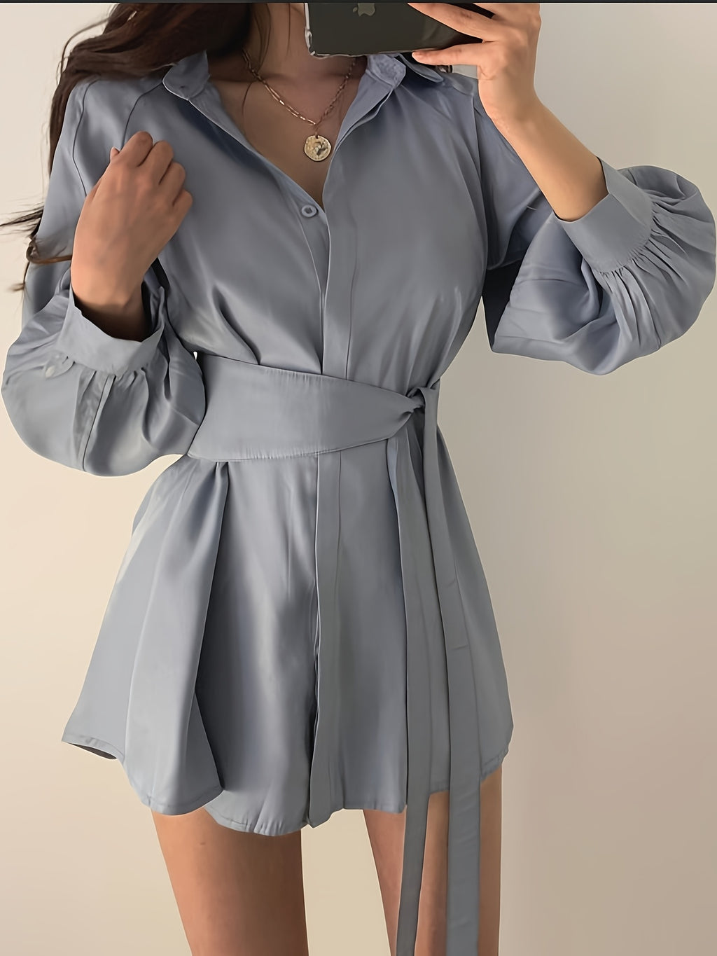 Temperament Waist Slim Blouse Spring And Autumn Design Sense Niche Balloon Sleeve Mid-length Shirt Dress Casual Big-name Versatile Comfortable Dress Set