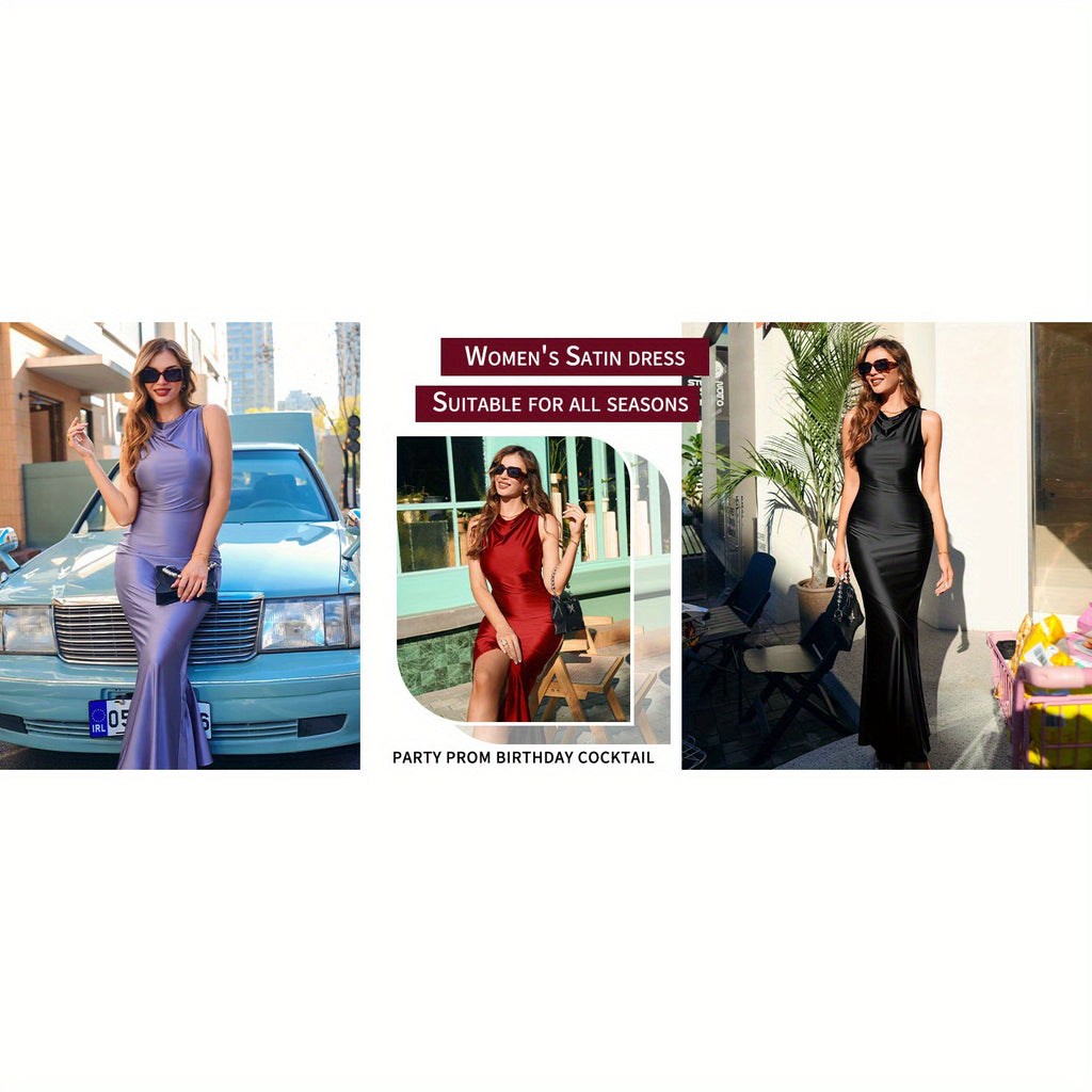 Memoriesea Women'S Satin Elegant Sleeveless High Neck Tie Cocktail Party Maxi Dress