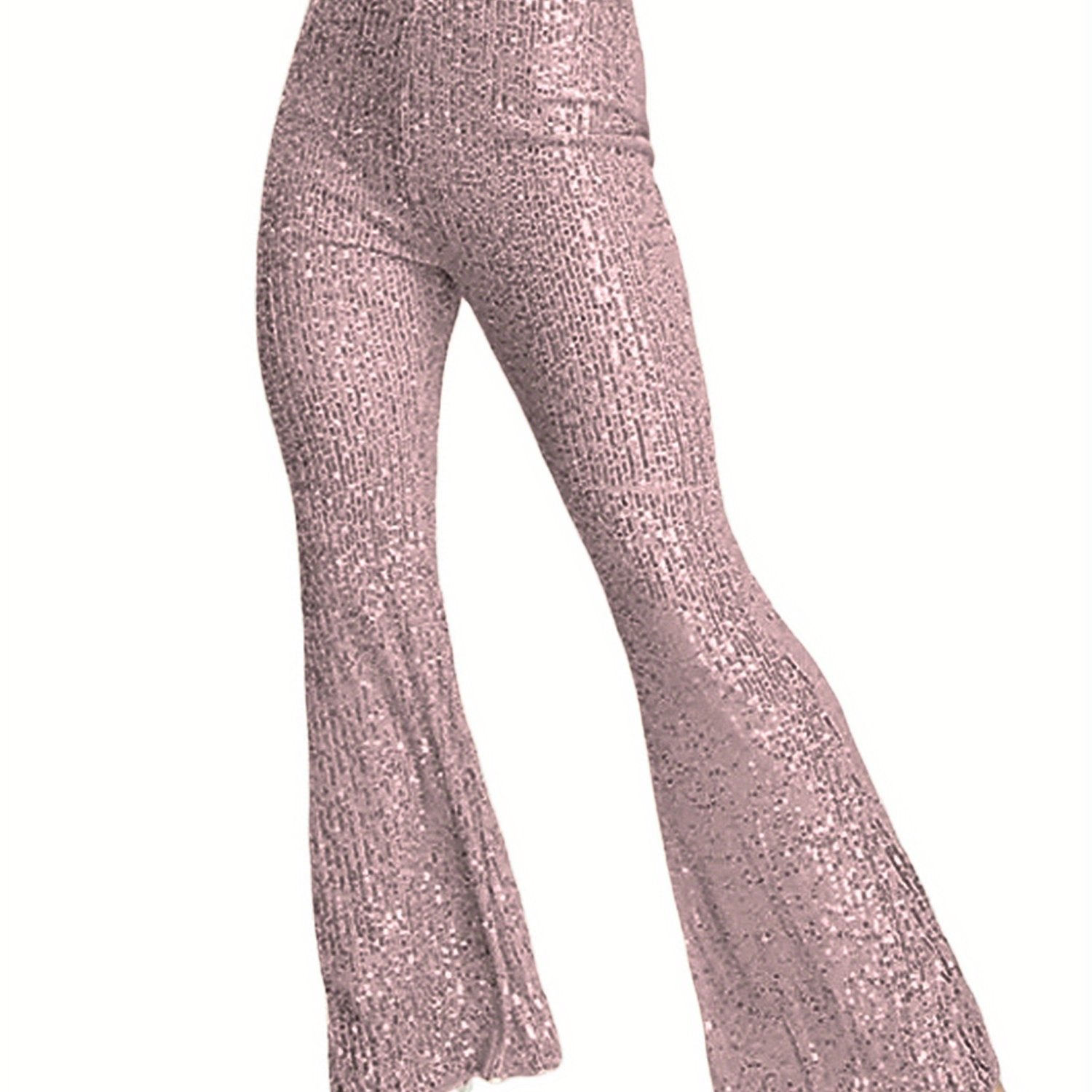 Women'S Elegant High-Waist Slim Flared Pants with Sequin Detail - Black, Elastic Waistband, Bell Bottoms for Spring\u002FSummer\u002FFall, Seasonal Fashion, Sophisticated Style, Glittery Finish
