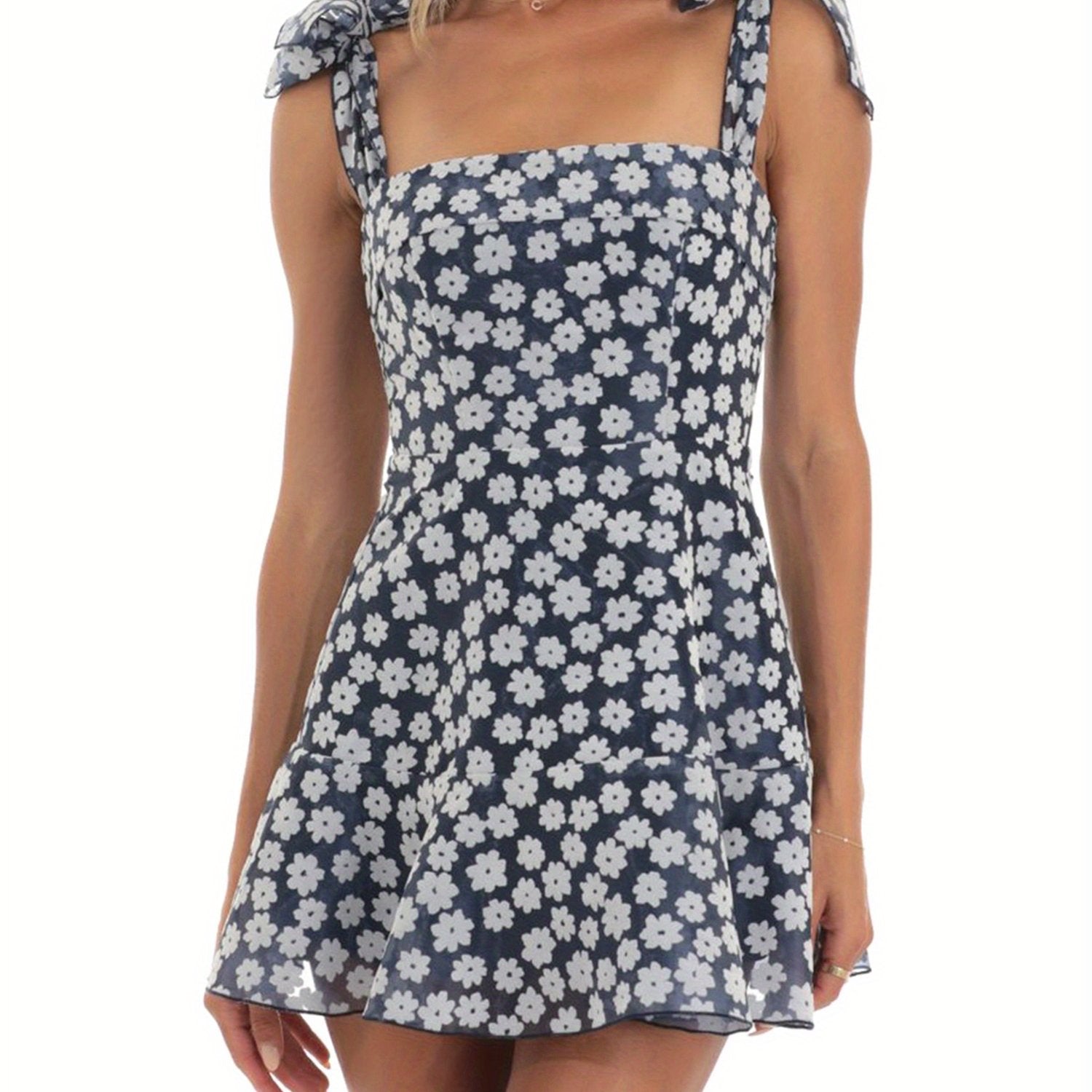 Women Summer Casual Dress Floral Print Tie-Up Shoulder Strap Mini Dress Fashion Double Layer Backless Cami Dress