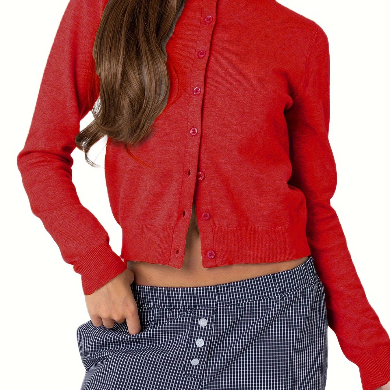 Women's Casual Solid Color Cardigan - Long Sleeve, Button-Up Knitwear with Round Neck, Machine Washable
