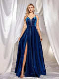 Women's Retro V-Neck Sleeveless Evening Gown - Royal Blue Satin with Mesh Panel & High Thigh Slit, A-Line Silhouette Long Formal Dress for Galas, Weddings, Year-Round Wear, Wedding Guest Outfit, Highquality Finish, Elegant Attire, Elegant Women