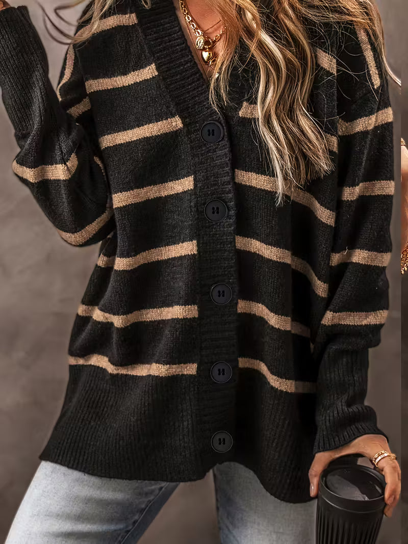 Autumn and Winter New Striped Color Block Minimalist Cardigan | Casual V-neck Style for Fall/Winter
