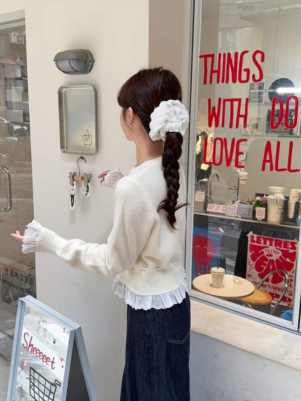 Women's Red Lace Trim Cardigan with Fitted Waist & Puff Sleeves - Cozy Machine-Washable Round Neck Sweater for Fall Winter Layering, Sweater Cardigan, Layering Piece, Crochet Texture, Textured Knitwear