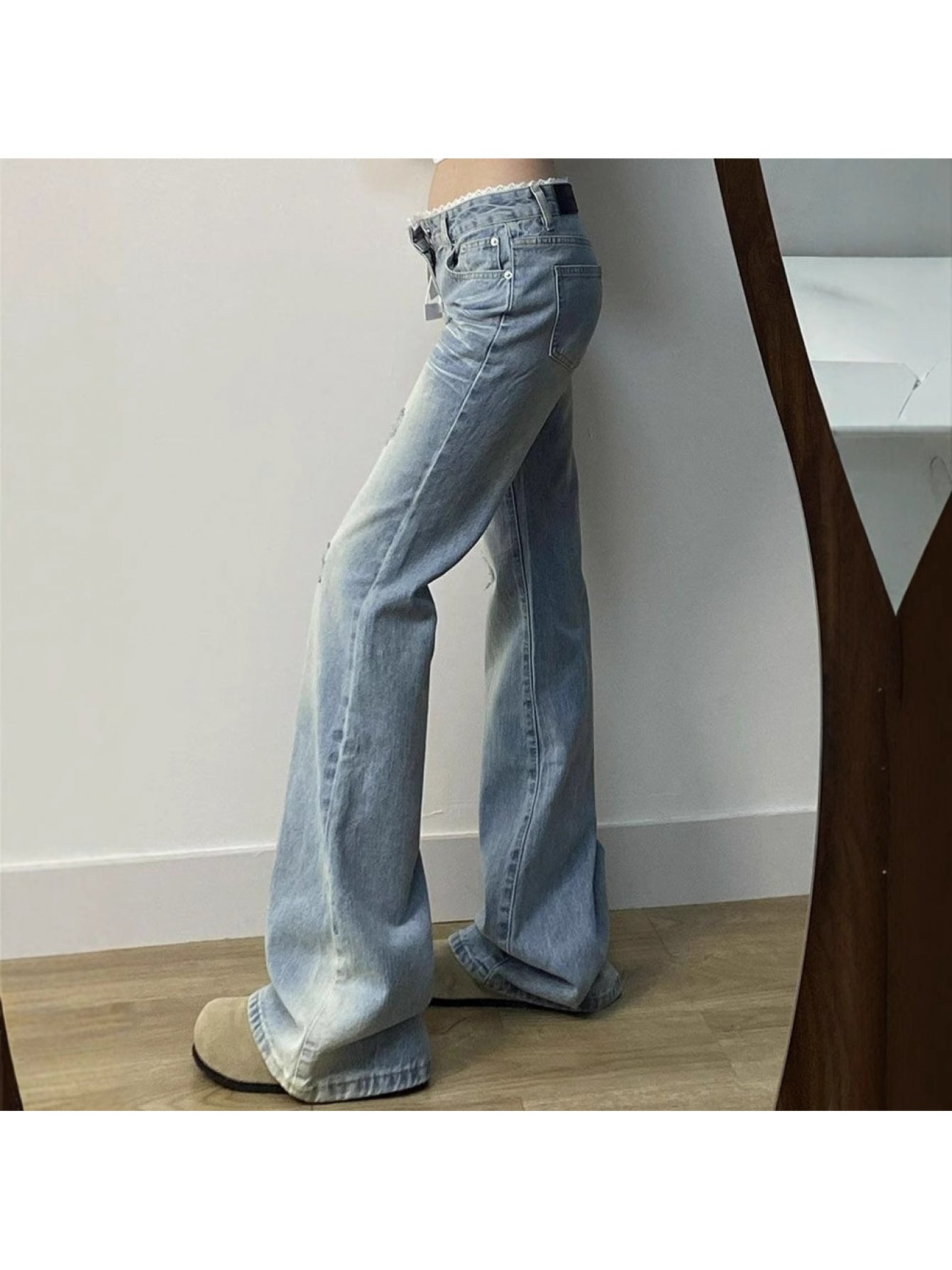 Women'S High-Waisted Ripped Flared Jeans - Slim Fit, Stretch Denim, Button Detail, Casual Summer Style, Light Blue, Loose Fit, High Waist, Casual Summer Wear|Ripped Flared Jeans|Slim Fit Jeans