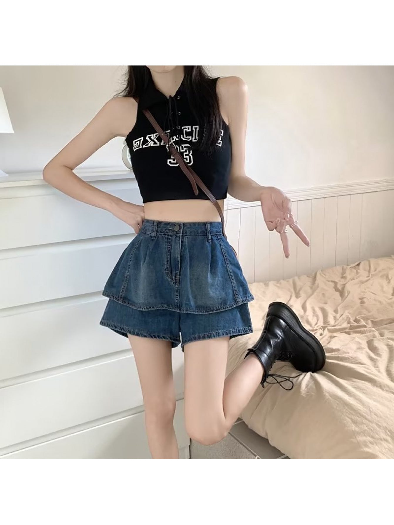 Women's Vintage High Waisted Skirt Pants - Short Skirt with Ruffle details (no ), Loose-Fit summer for a retro Western Style - Cake Skirt Pants