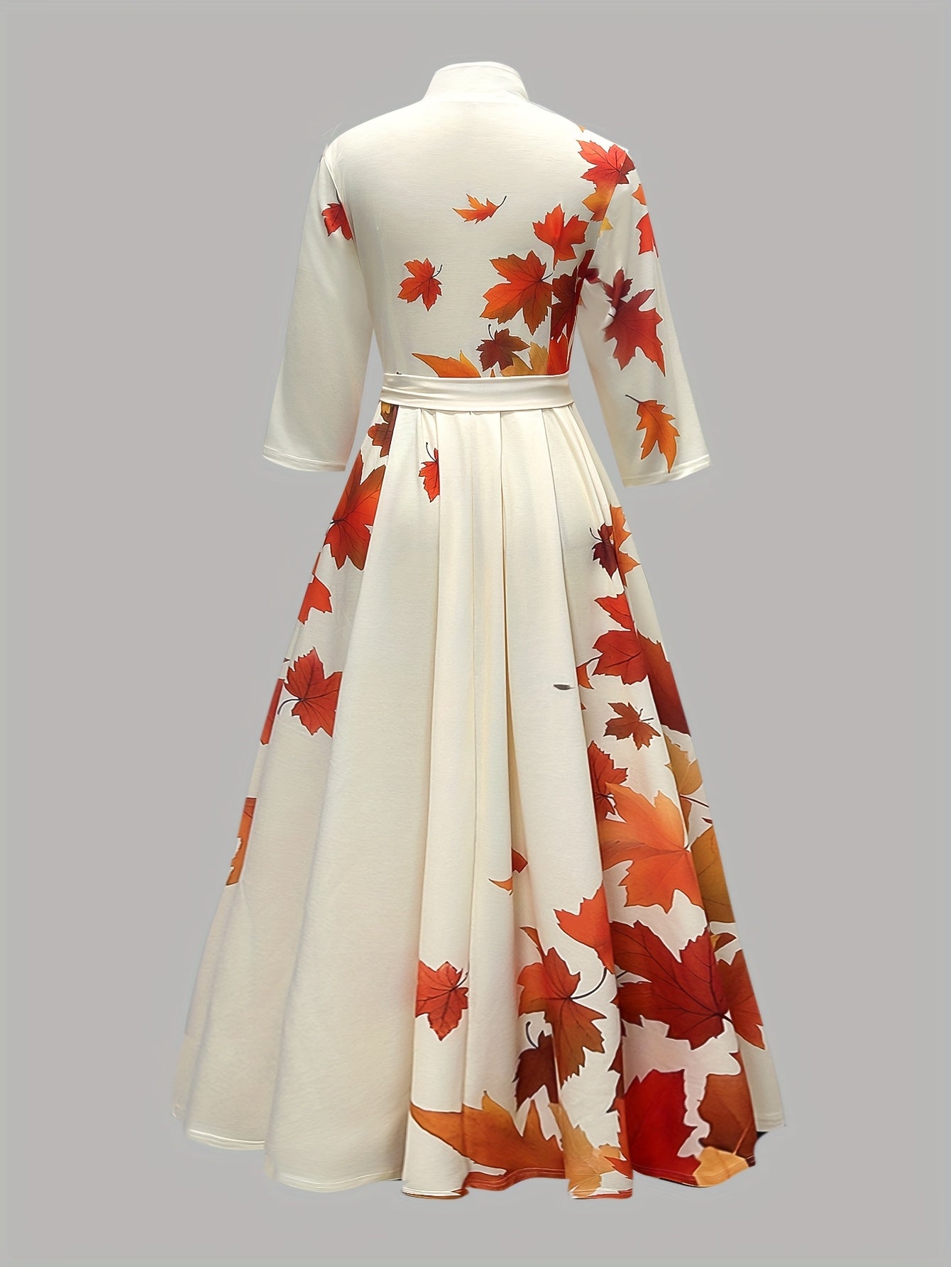 Women's Elegant A-Line Maxi Dress with Short -Inspired Maple Leaf Print - & Mustard Yellow Fitted Bodice & Flowy, Stand Collar Formal Party Wedding Guest Dress, Machine Washable Autumn Fall Gown