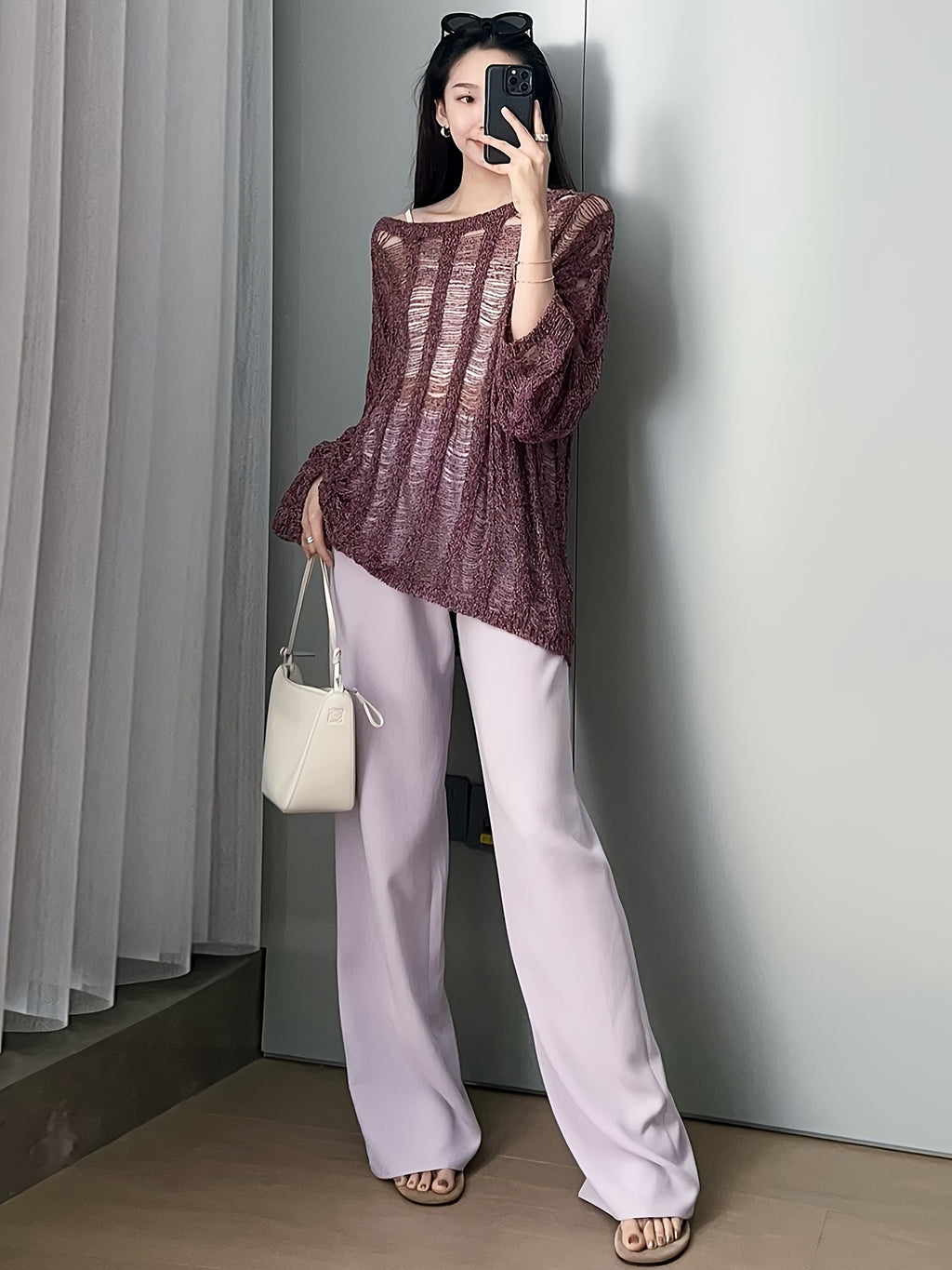 Women's Light Grey Straight-Leg Casual Pants - Non-Stretch Acetate Trousers with Pockets, Regular Fit Long Length for Spring\u002FFall, Versatile for Commuting & Casual Outings, Spring Fall Clothing, Minimalist Design, Practical Pockets