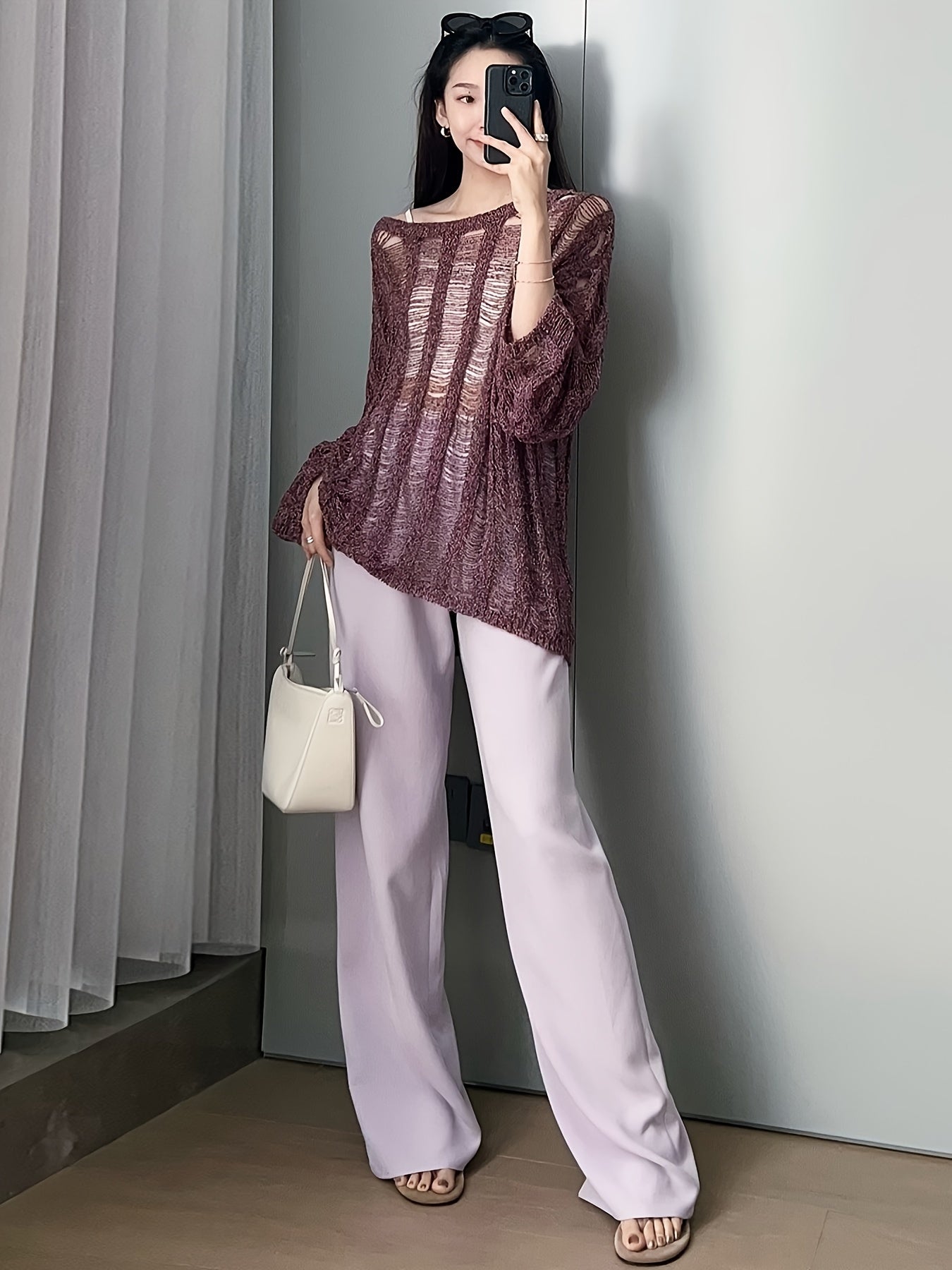 Women's Light Grey Straight-Leg Casual Pants - Non-Stretch Acetate Trousers with Pockets, Regular Fit Long Length for Spring\u002FFall, Versatile for Commuting & Casual Outings, Spring Fall Clothing, Minimalist Design, Practical Pockets