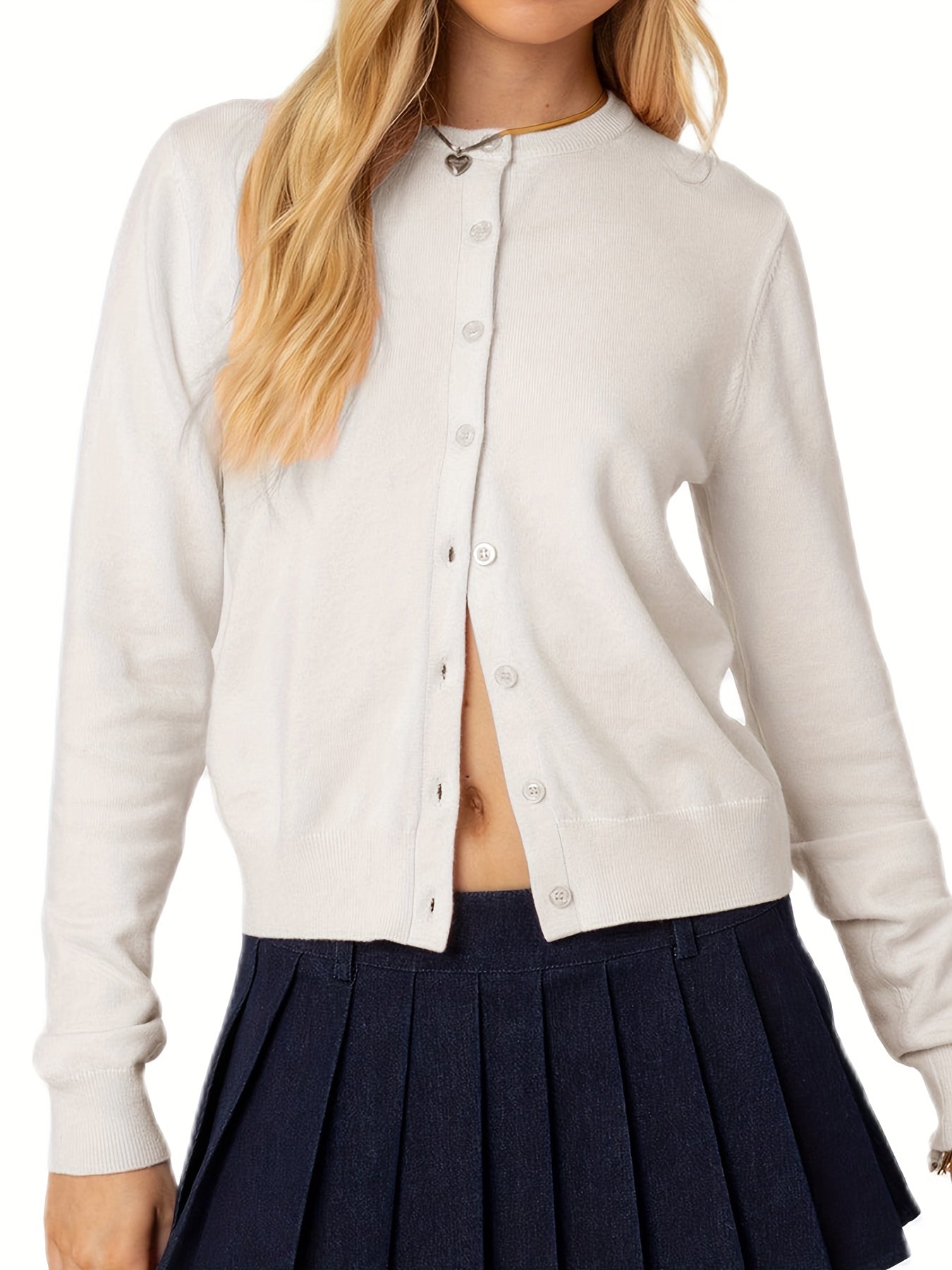 Women's Casual Solid Color Cardigan - Long Sleeve, Button-Up Knitwear with Round Neck, Machine Washable