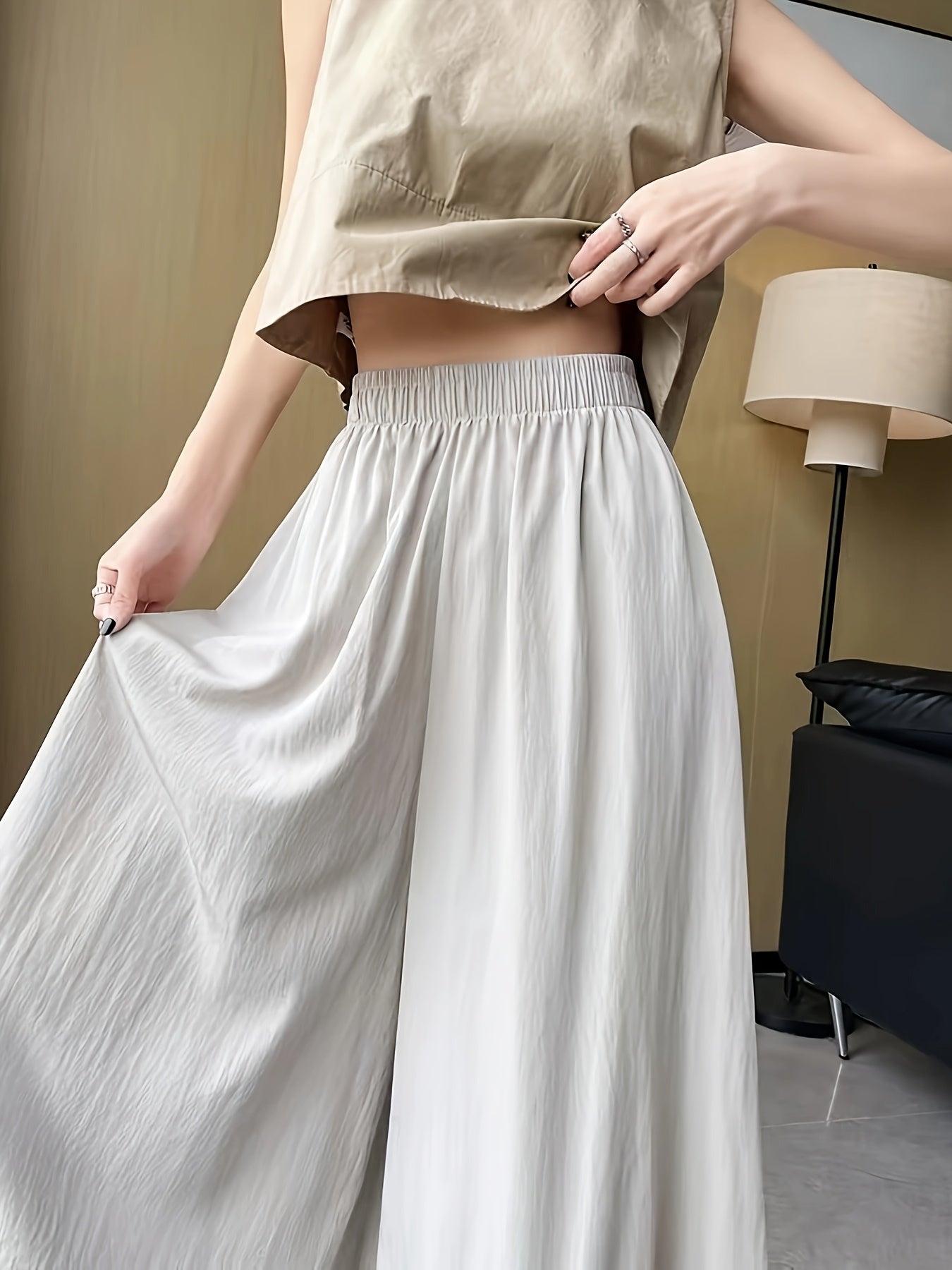 Women'S High-Waisted Wide-Leg Culottes - Loose Fit Elastic Waist Casual Summer Skirt, Solid Color Beige, Perfect for Weekend Outings & Casual Attire, Comfortable Clothing, Minimalist Style, Smooth Texture Fabric