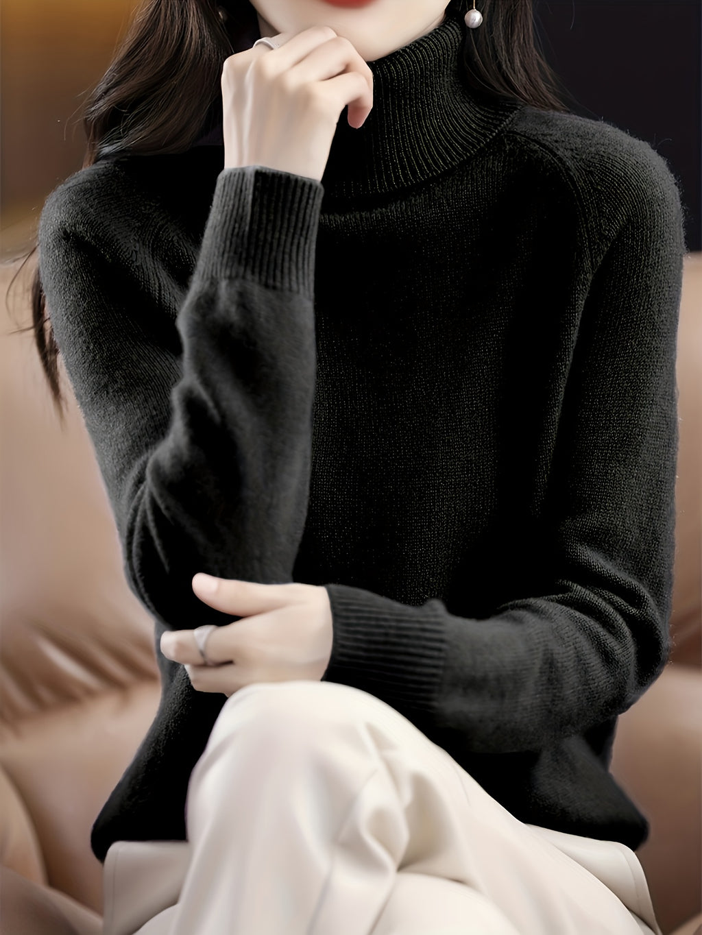 Women's Slim-Fit High Neck Sweater - Elegant Long Raglan Sleeve Turtleneck Pullover, Soft Winter Sweater Coat for Layering, Casual & Formal Wear, Machine Washable H-Line Silhouette (All-Season) in \u002FGrey\u002FBeige\u002FNude