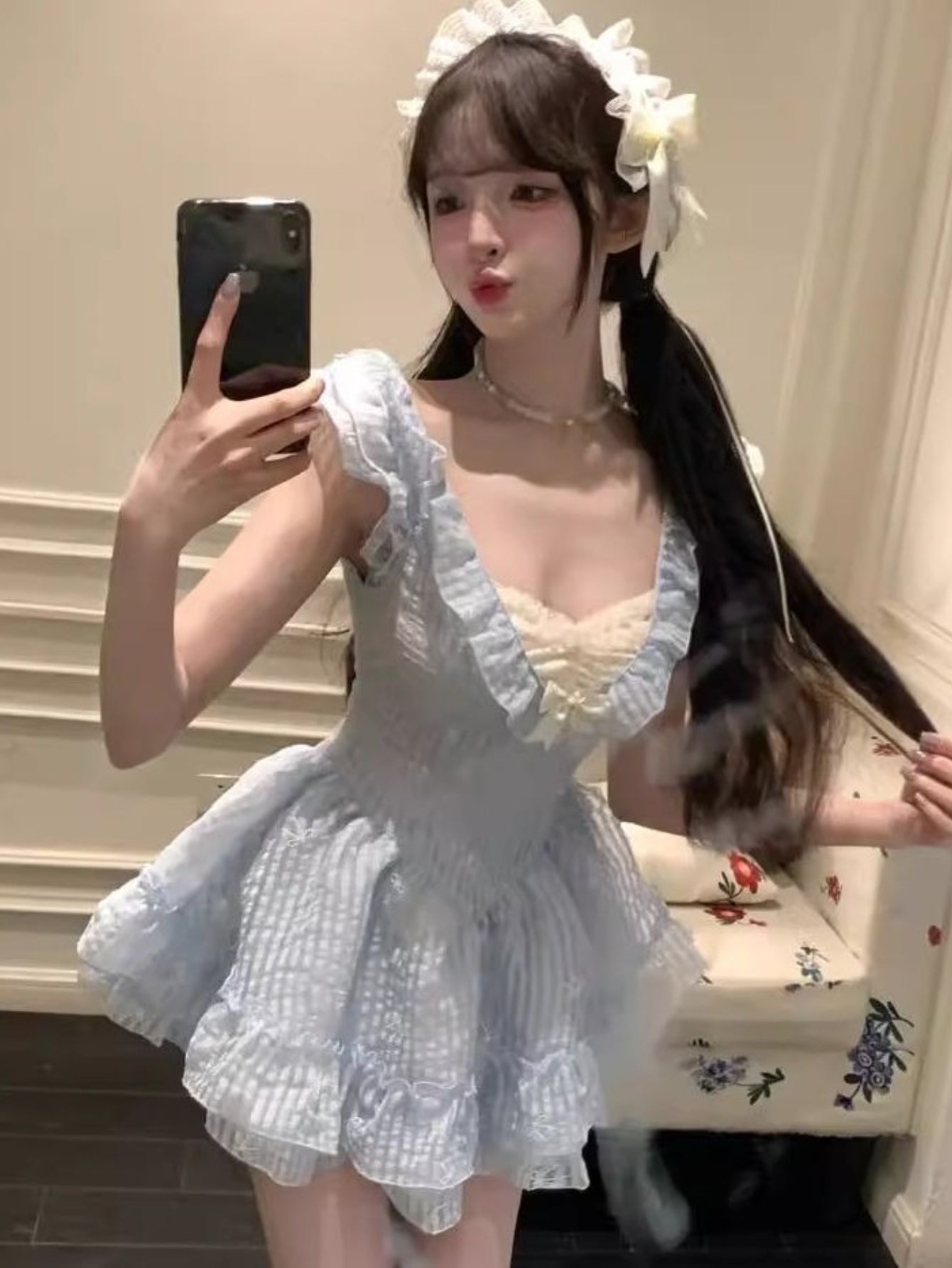 Women's French-Inspired Short Sleeve A-Line Dress with Lace Trim & Smock Bodice - Slim-Fit Mini Wedding Guest Dress, Boned Waist Vintage Style Party Dress for Petite Ladies, Hand Washable (No Elastic) - All-Season Elegant Outfit