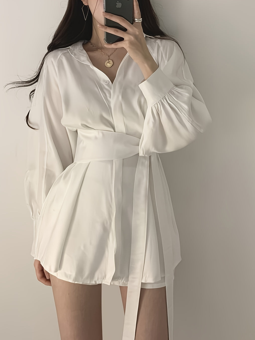 Temperament Waist Slim Blouse Spring And Autumn Design Sense Niche Balloon Sleeve Mid-length Shirt Dress Casual Big-name Versatile Comfortable Dress Set
