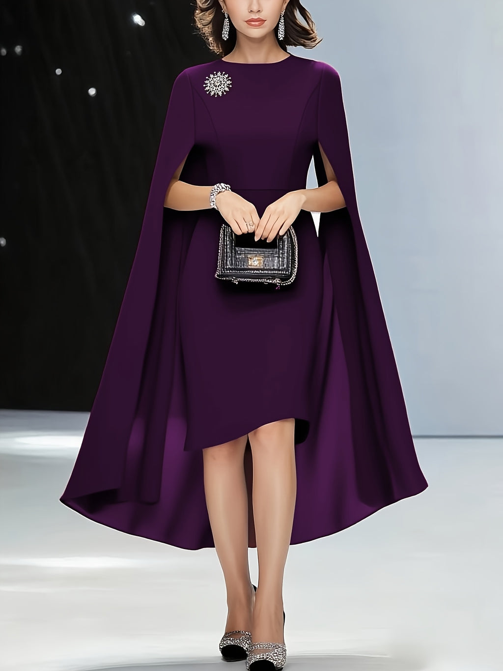 Women'S Elegant Solid Brown Dress with Puff Sleeves & Zipper Back - Round Neck, Flared Hem, All-Season Versatile Formal & Casual Outfits, Chic Office Attire, Comfortable Fabric