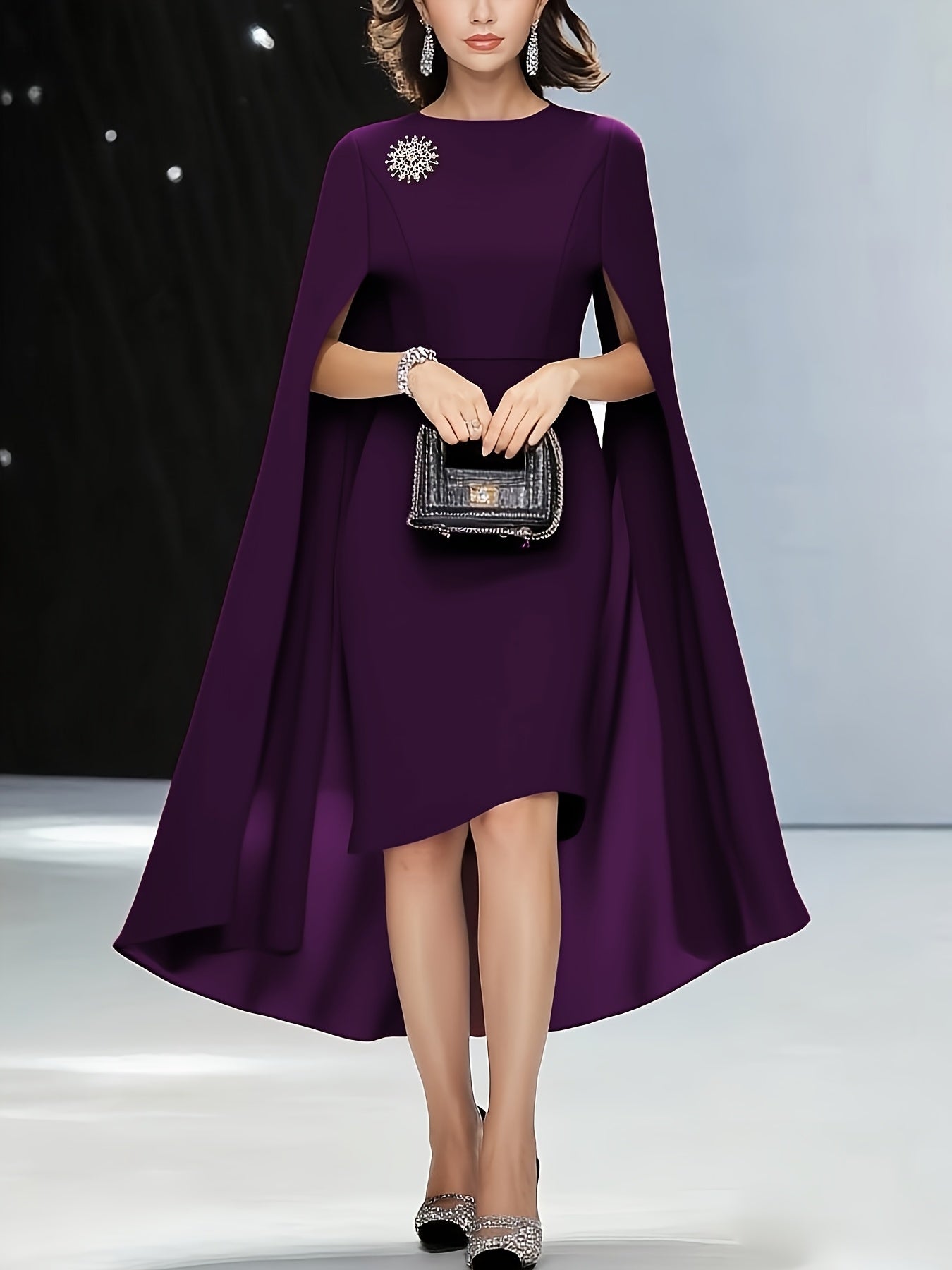 Women'S Elegant Solid Brown Dress with Puff Sleeves & Zipper Back - Round Neck, Flared Hem, All-Season Versatile Formal & Casual Outfits, Chic Office Attire, Comfortable Fabric