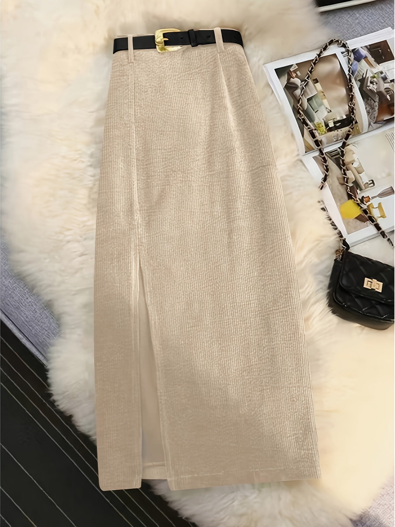Women's Elegant Vintage Corduroy A-Line Skirt - High-Waisted Long Winter Skirt with Slant Split, Brown Corduroy Pants-like Style (No Elastic), Machine Washable Fall\u002FWinter to Party Outfits - Tailored Fit Non-Stretch Skirt