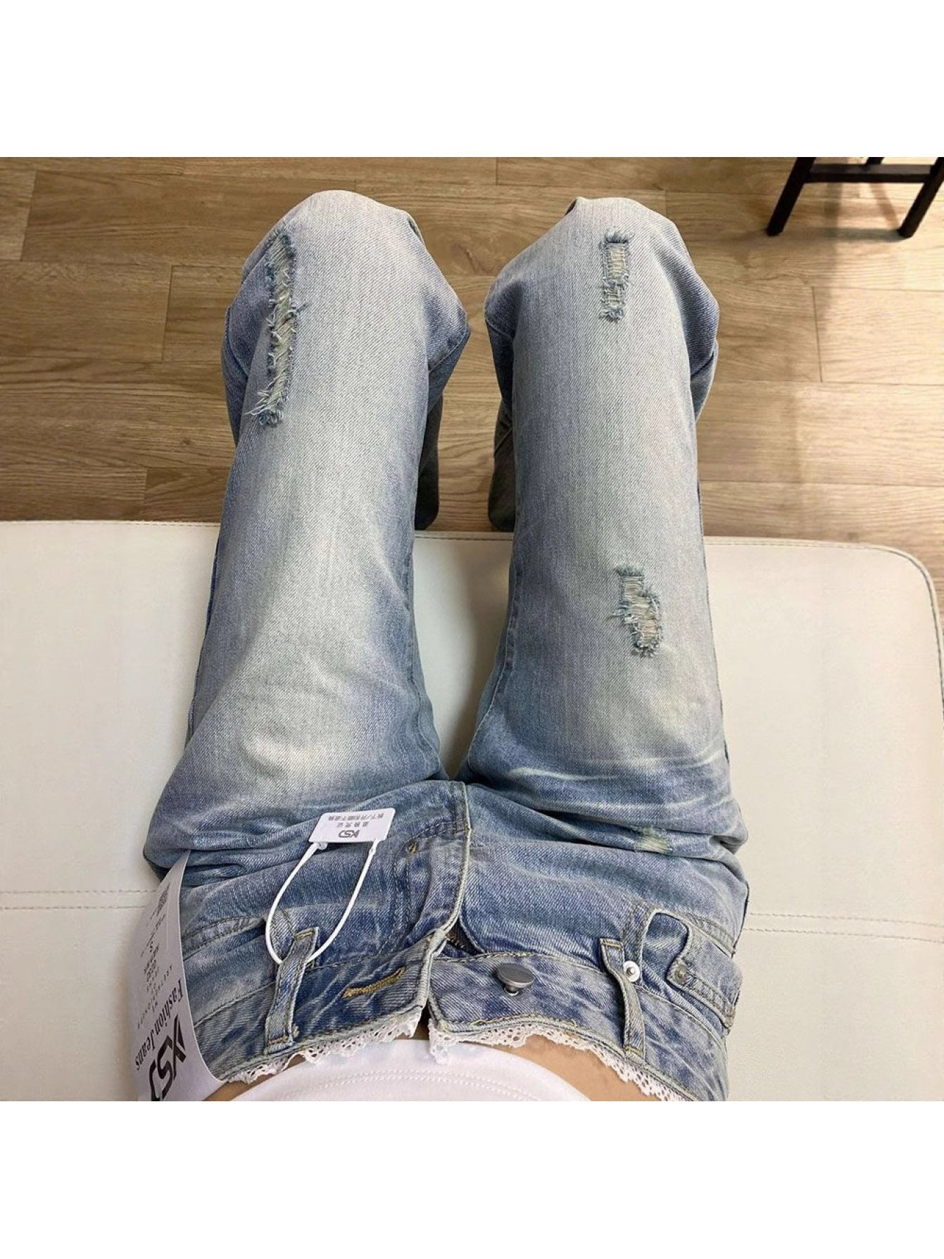 Women'S High-Waisted Ripped Flared Jeans - Slim Fit, Stretch Denim, Button Detail, Casual Summer Style, Light Blue, Loose Fit, High Waist, Casual Summer Wear|Ripped Flared Jeans|Slim Fit Jeans