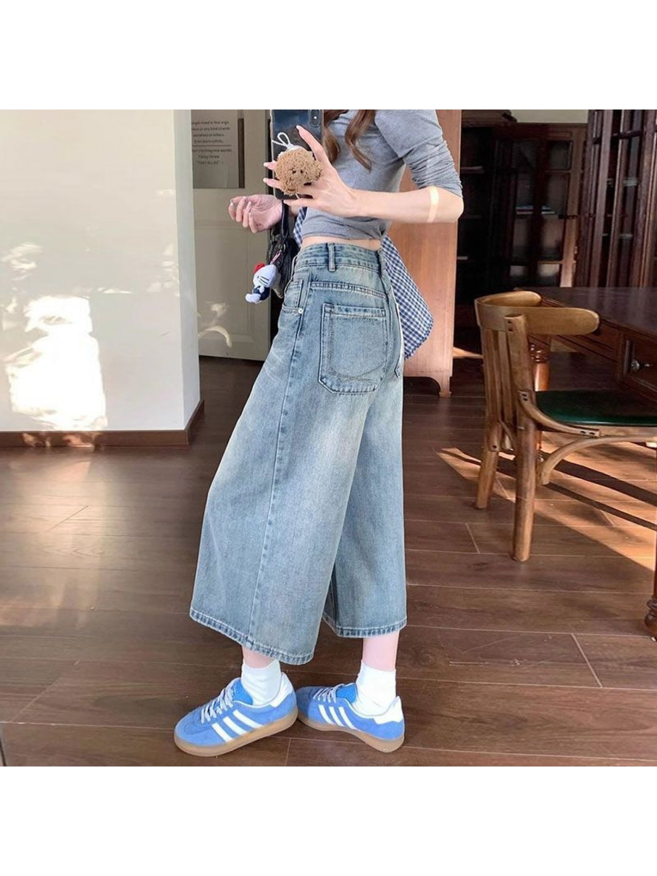 Women'S Vintage Washed Cropped Jeans, Summer High-Waisted Straight Wide-Leg Trousers, Mid-Length Eight-Quarter Pants for Petite Sizes