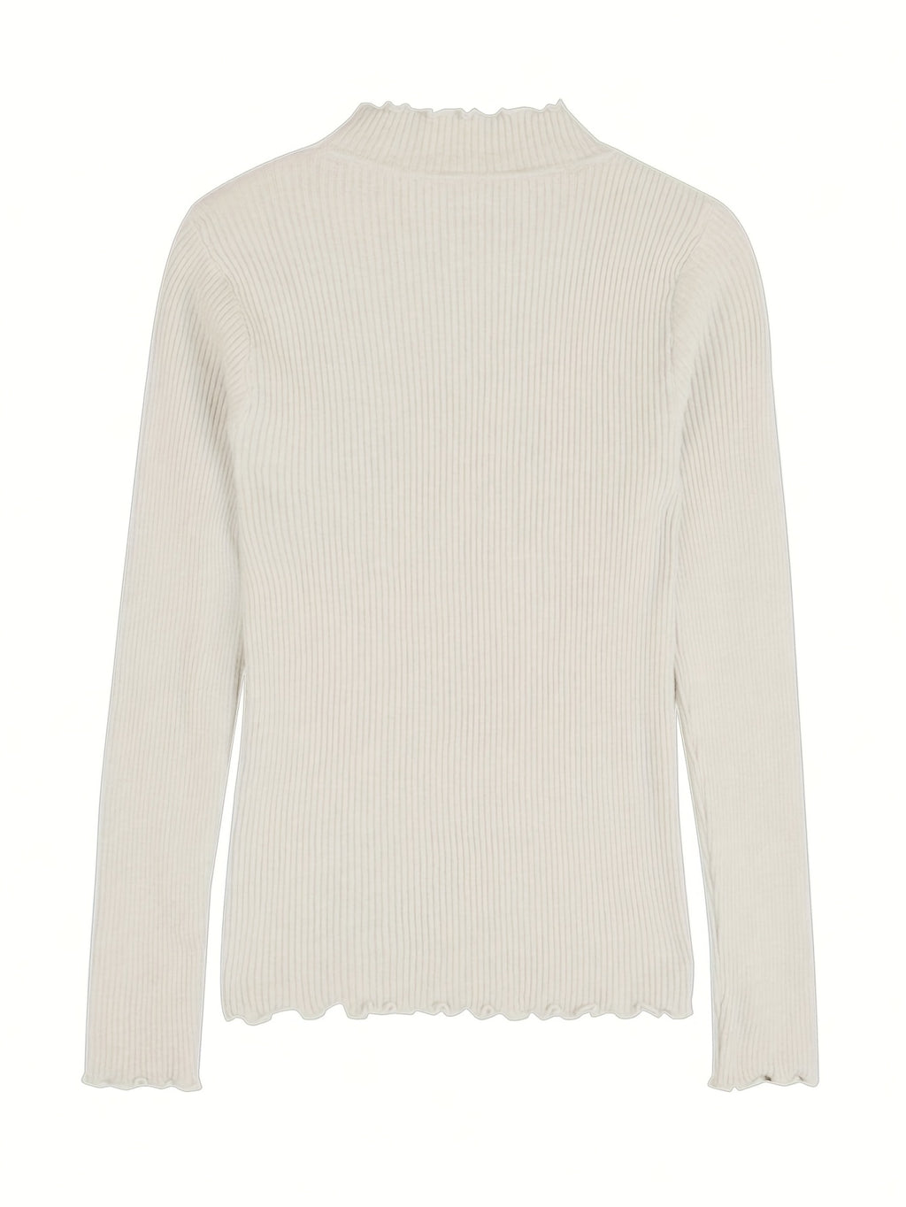 Women's Slim-Fit Korean\u002F Inspired High-Neck Sweater - Ruffled Collar & Sleeve Trim, Beige Pullover, Long Sleeve Blouse for Spring\u002FFall Layering, Casual & Formal Wear ( Kimono-Inspired Style)