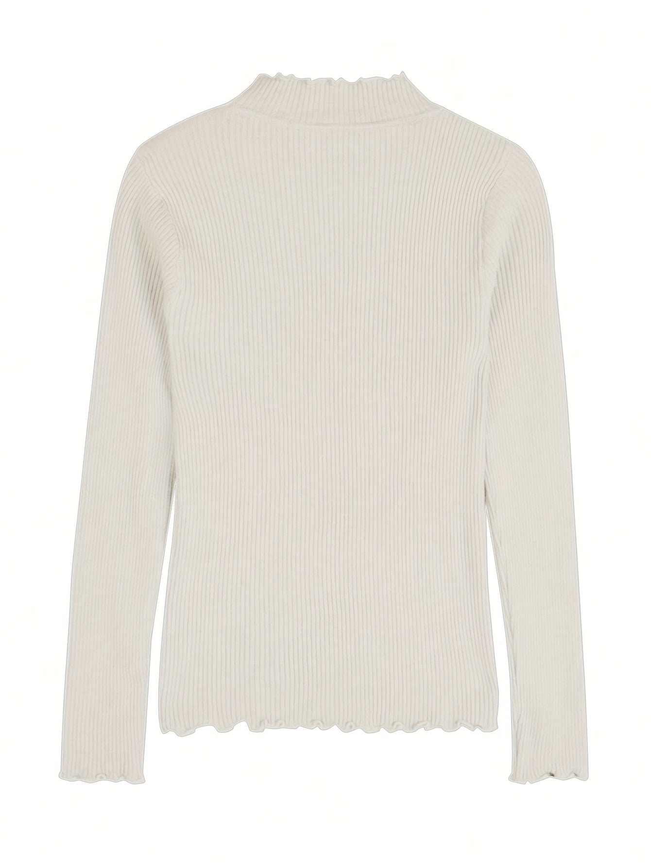 Women's Slim-Fit Korean\u002F Inspired High-Neck Sweater - Ruffled Collar & Sleeve Trim, Beige Pullover, Long Sleeve Blouse for Spring\u002FFall Layering, Casual & Formal Wear ( Kimono-Inspired Style)