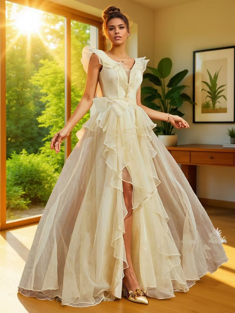 Butterfly Bow Design Elegant Evening Gown, Deep V-Neck Sexy Backless Long Dress with Ruffle Hem and Tulle Capelet Sleeves, High Slit Waistline, Women's Party Dress for Formal Events, Banquets, Balls, and Parties