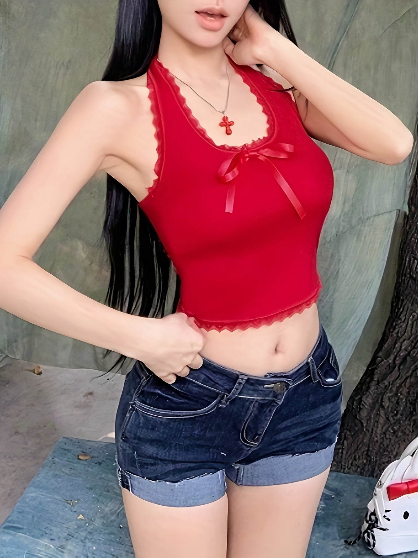 Y2K Sexy Halter Neck Crop Top - Red Lace Trim & Front Bow Detail, Summer Casual H-Silhouette Shirt with Padded Bust, Machine Washable Solid Color Women's Fashion Top, Trendy Outfit, Decorative Bow Detail, Nontransparent Fabric
