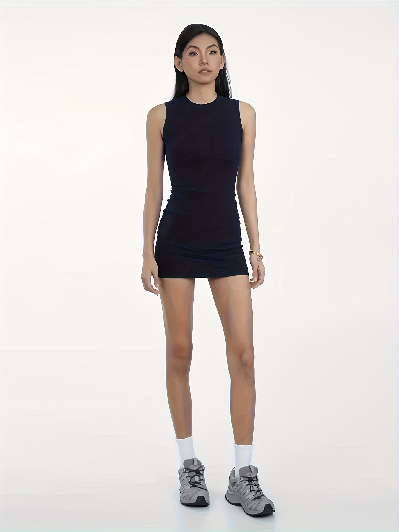 Women's Slim-Fit Round Neck Semi-Sheer Short Sleeve Bodycon Dress - Black Stretchy All-Season Casual to Semi-Formal Outfit, Machine Washable & Versatile Everyday to Party Wear for Women, Modest Outfits for Women, Open Back Dresses for Women