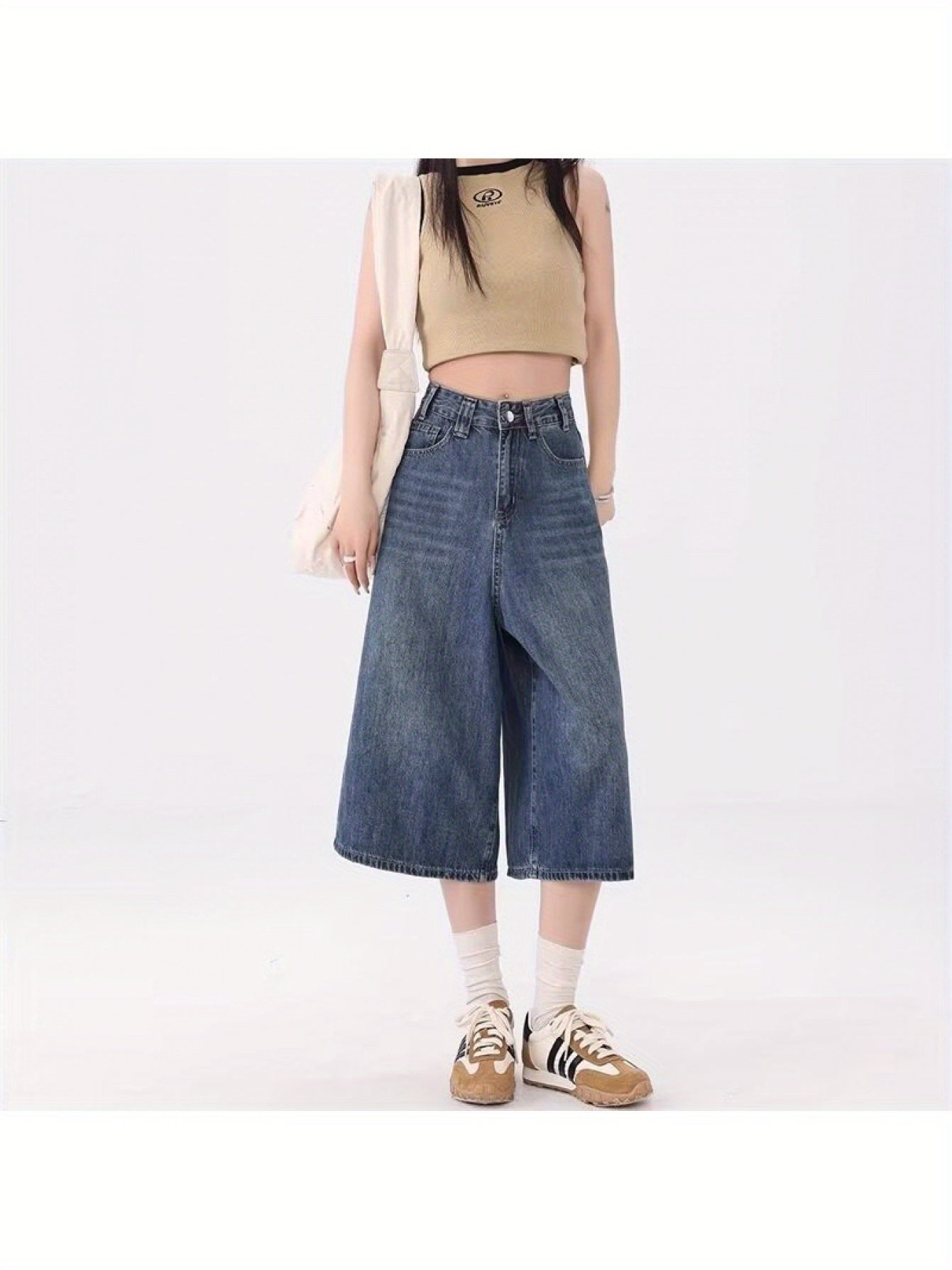 Loose Wide-Leg Cropped Jeans Women- Summer New High-Waist Retro Style Washed Distressed Straight Leg Bermuda Shorts Fit