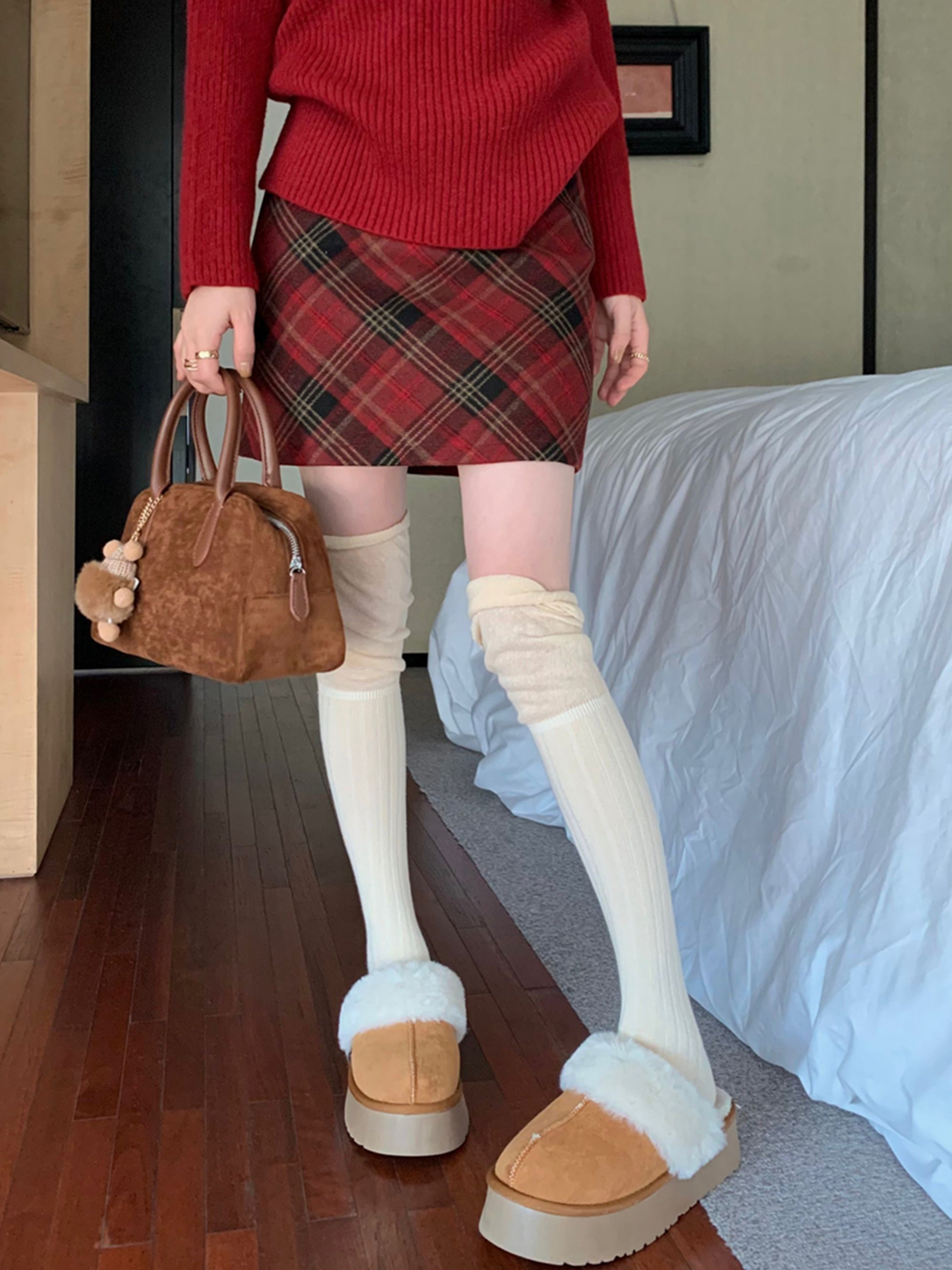 Christmas Vintage High-Waist Plaid A-Line Skirt for Women, 100% Polyester Gingham Pattern, All-Season Elegant Short Skirt