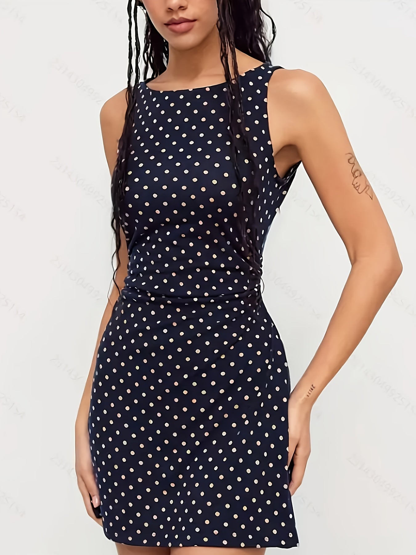 Women's Elegant Black & White Polka Dot Sleeveless A-Line Dress - Machine Washable Round Neck Short Skirt for Casual & Formal Occasions