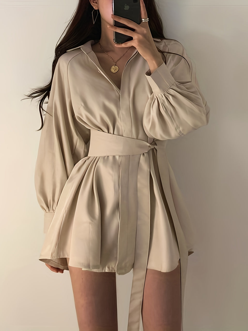 Temperament Waist Slim Blouse Spring And Autumn Design Sense Niche Balloon Sleeve Mid-length Shirt Dress Casual Big-name Versatile Comfortable Dress Set