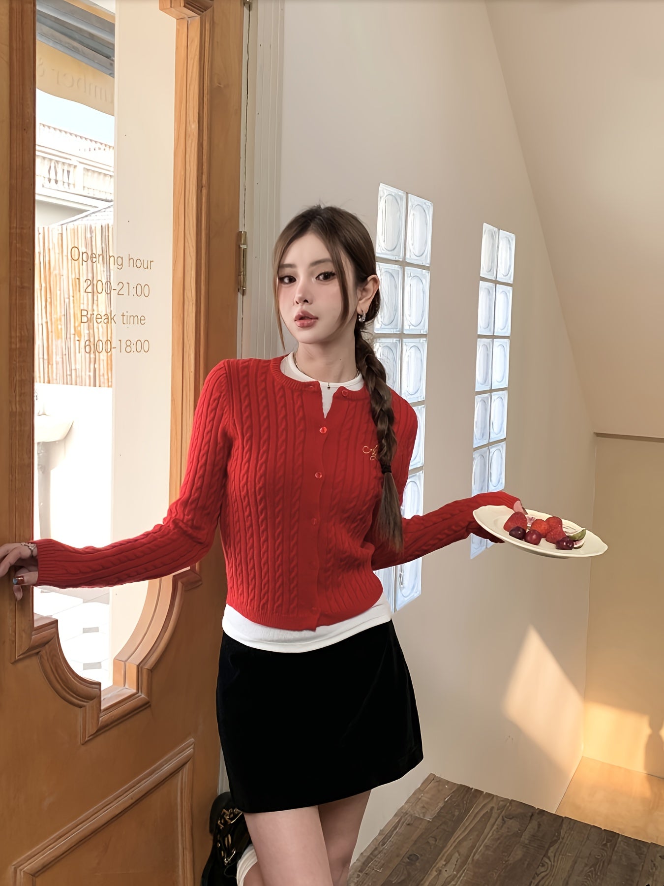 Women's Korean-Style Red Letter- Slim-Fit Cardigan Sweater - H-Line Silhouette, Round Neck Long Sleeve Winter Jacket, Korean Fashion Sweaters for Fall\u002FWinter Layering (Casual & Formal Wear)