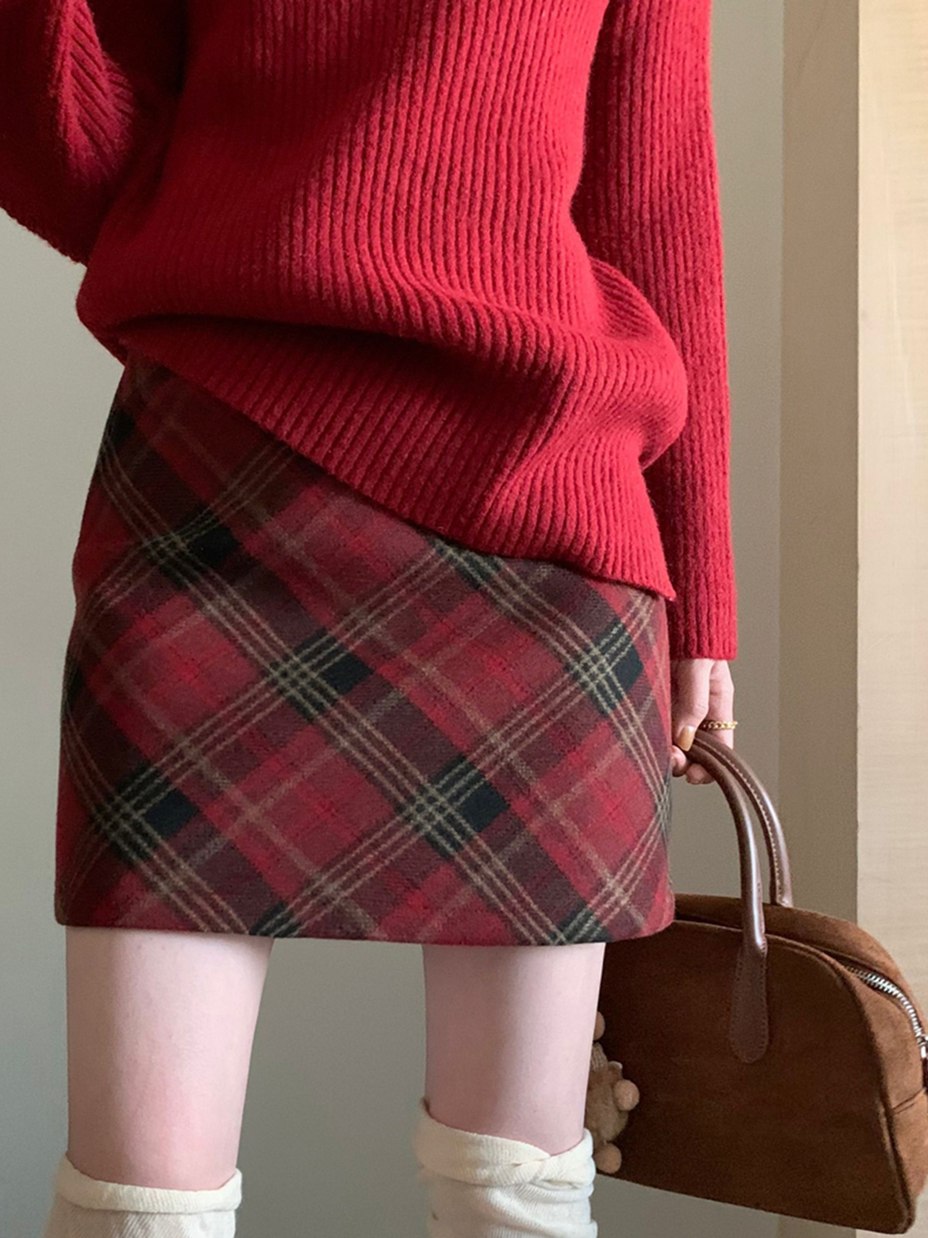 Christmas Vintage High-Waist Plaid A-Line Skirt for Women, 100% Polyester Gingham Pattern, All-Season Elegant Short Skirt