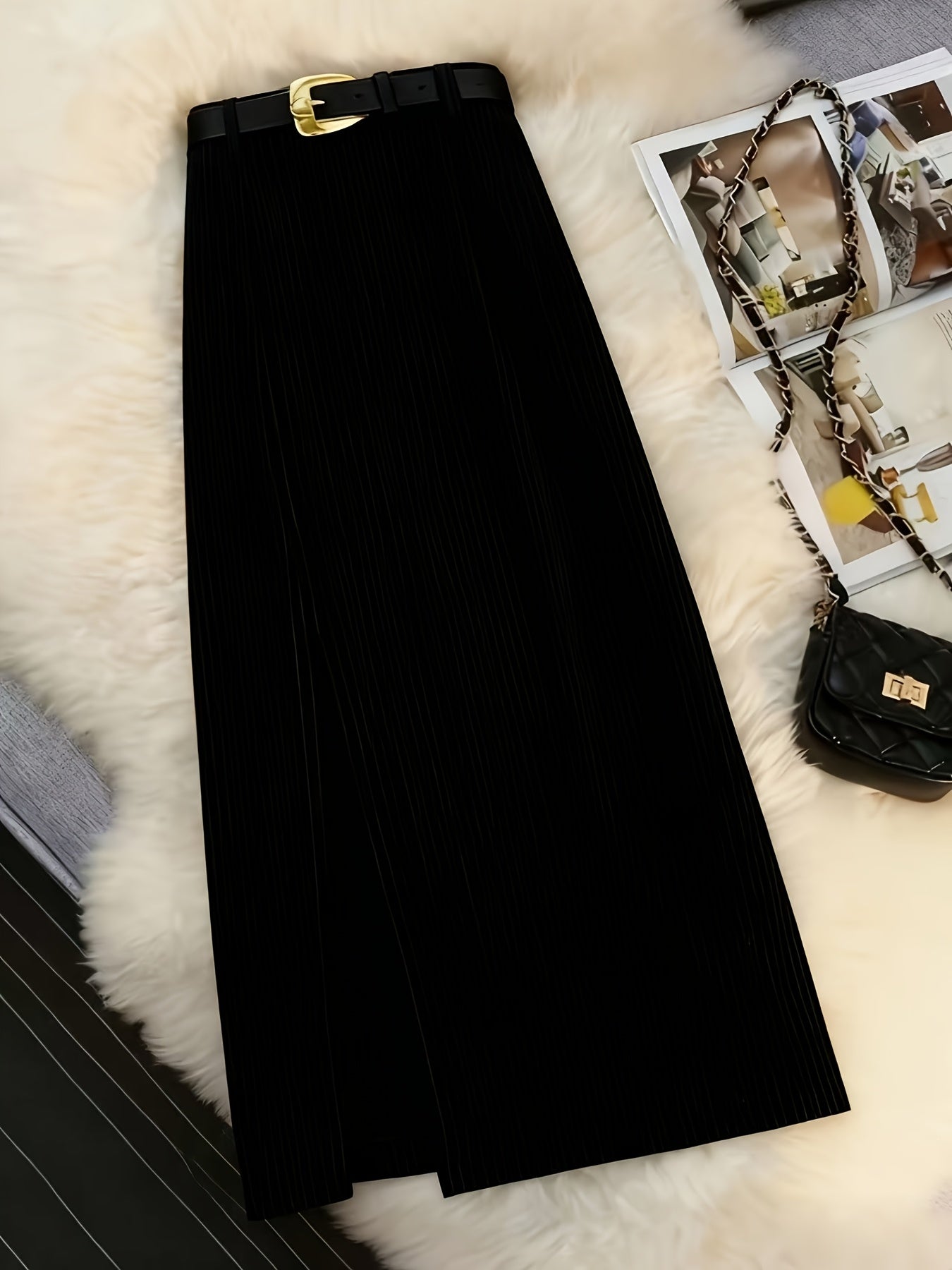 Women's Elegant Vintage Corduroy A-Line Skirt - High-Waisted Long Winter Skirt with Slant Split, Brown Corduroy Pants-like Style (No Elastic), Machine Washable Fall\u002FWinter to Party Outfits - Tailored Fit Non-Stretch Skirt